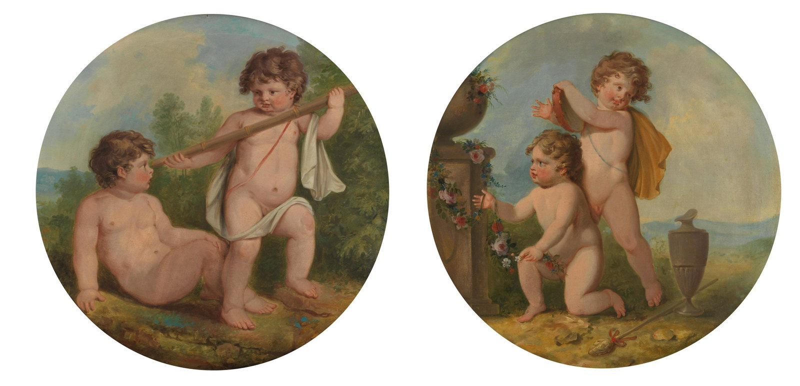 Follower of Giovanni Battista Cipriani (Florence 1727-1785 London) An Infant Bacchanale; Putti w...: Follower of Giovanni Battista Cipriani (Florence 1727-1785 London) An Infant Bacchanale; Putti with Bacchus' Thyrsus, a pair oil on canvas each tondo 64.2 (25 1/4) diameter. (2)