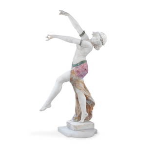 Affortunato Gory (Italian, fl. 1895-1925): A carved variegated and pink stained cream alabaster ...: Affortunato Gory (Italian, fl. 1895-1925): A carved variegated and pink stained cream alabaster figure of an exotic female dancer modelled with raised arms and standing on one leg, the other raised, h