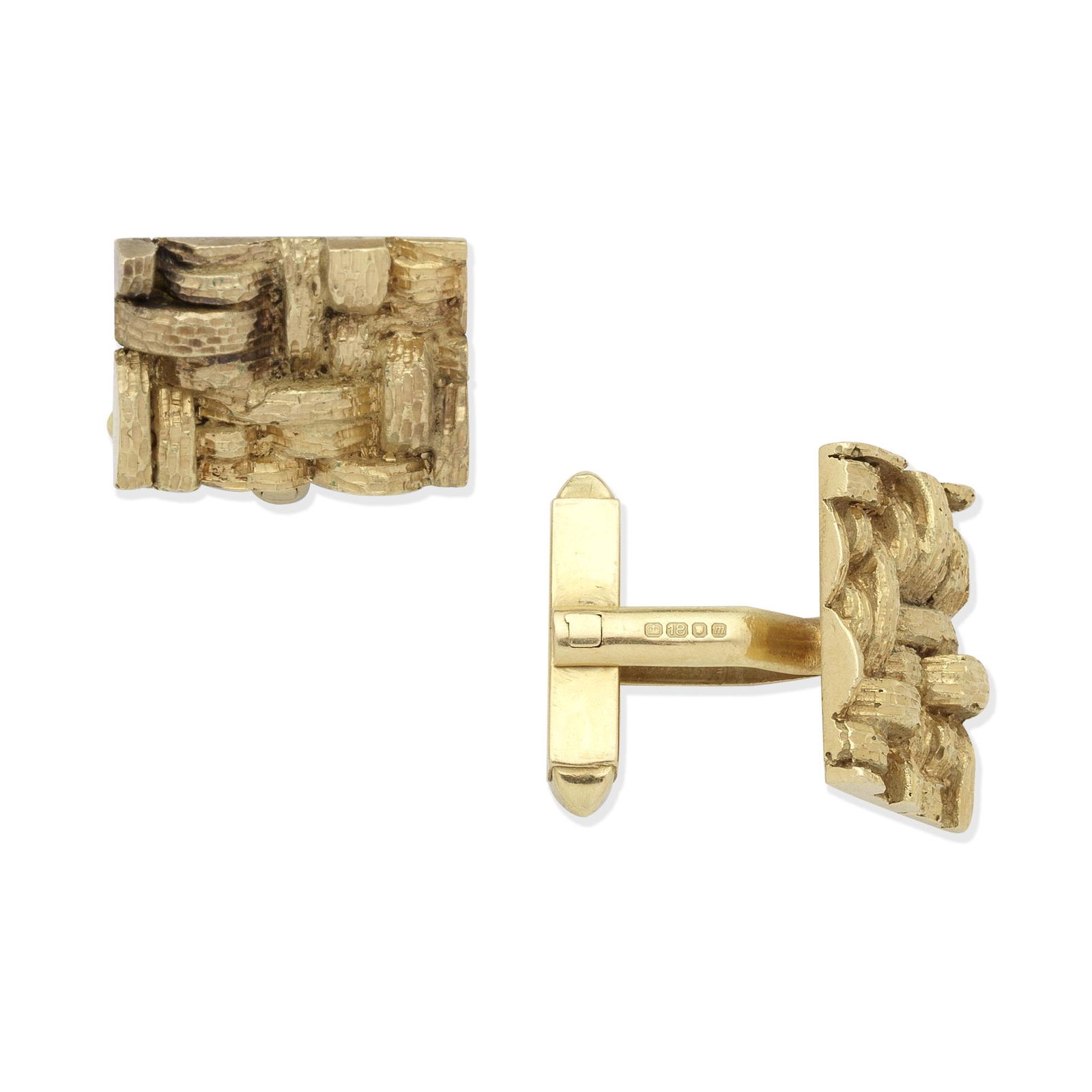 GRIMA: PAIR OF GOLD CUFFLINKS,: GRIMA: PAIR OF GOLD CUFFLINKS, 1967 Single-sided, each rectangular plaque of woven, textured design, mounted in 18 carat gold, signed Grima, maker's marks HJCo., London hallmarks, length of plaque 1.