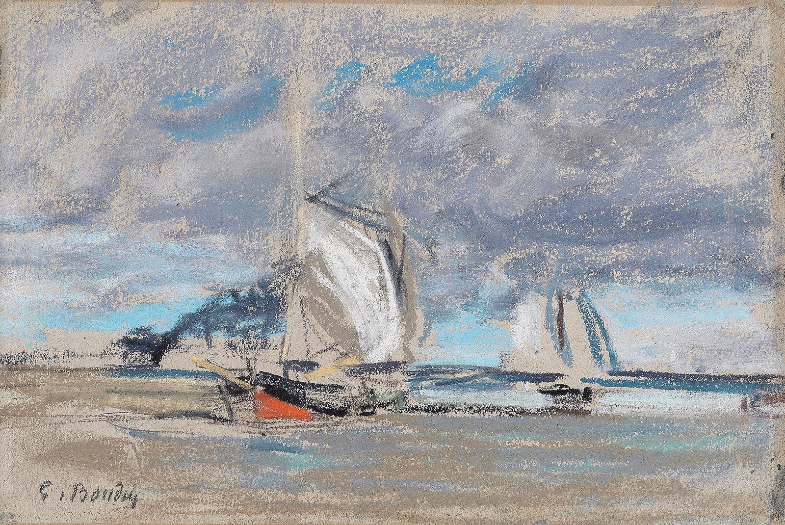 EUGÈNE BOUDIN (1824-1898) Voiliers, marée basse (Executed circa 1860-1865): EUGÈNE BOUDIN (1824-1898) Voiliers, marée basse signed 'E. Boudin' (lower left) pastel on paper 14.3 x 21.4cm (5 5/8 x 8 7/16in). Executed circa 1860-1865 Footnotes:<