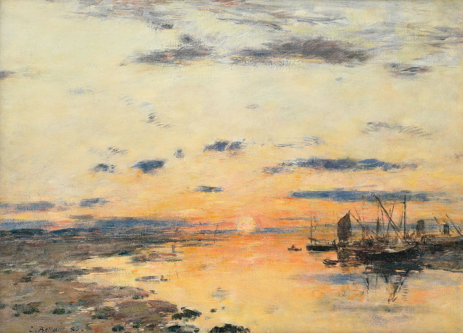 EUGÈNE BOUDIN (1824-1898) Marée basse à Étaples, soleil couchant (Painted in...: EUGÈNE BOUDIN (1824-1898) Marée basse à Étaples, soleil couchant signed and dated 'E. Boudin 80.' (lower left) oil on canvas 41 x 55.6cm (16 1/8 x 21 7/8in). Painted in 1880<