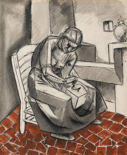 JULIO GONZÁLEZ (1876-1942) Femme au moulin à café (Executed circa 1940): JULIO GONZÁLEZ (1876-1942) Femme au moulin à café watercolour, pen and India ink, wash, black crayon and pencil on paper 38.2 x 31.7cm (15 1/16 x 12 1/2in). Executed circa 1940