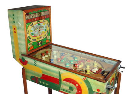 A Keeney's 'Speedway' pinball machine, American, August 1940,: A Keeney's 'Speedway' pinball machine, American, August 1940, painted wooden cabinet, with glazed backboard and table-top, flipper-less game, on raised legs, 64 x 54 x 26 inches, with keys. Lot to be