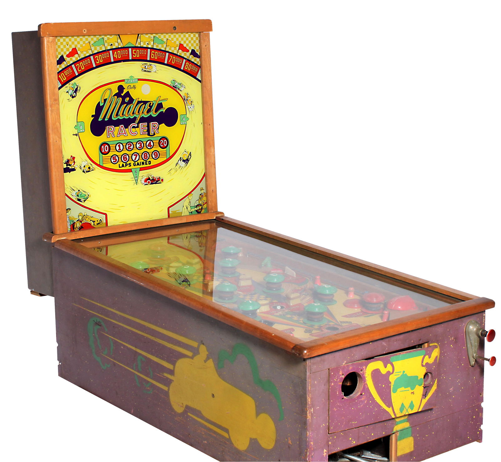 A Bally 'Midget Racer' pinball game, 1946,: A Bally 'Midget Racer' pinball game, 1946, painted wooden cabinet, with glass backboard and top, flipper-less version with 9 central bumpers, the cabinet 40 x 52 x 23 inches, (lacking legs, main door