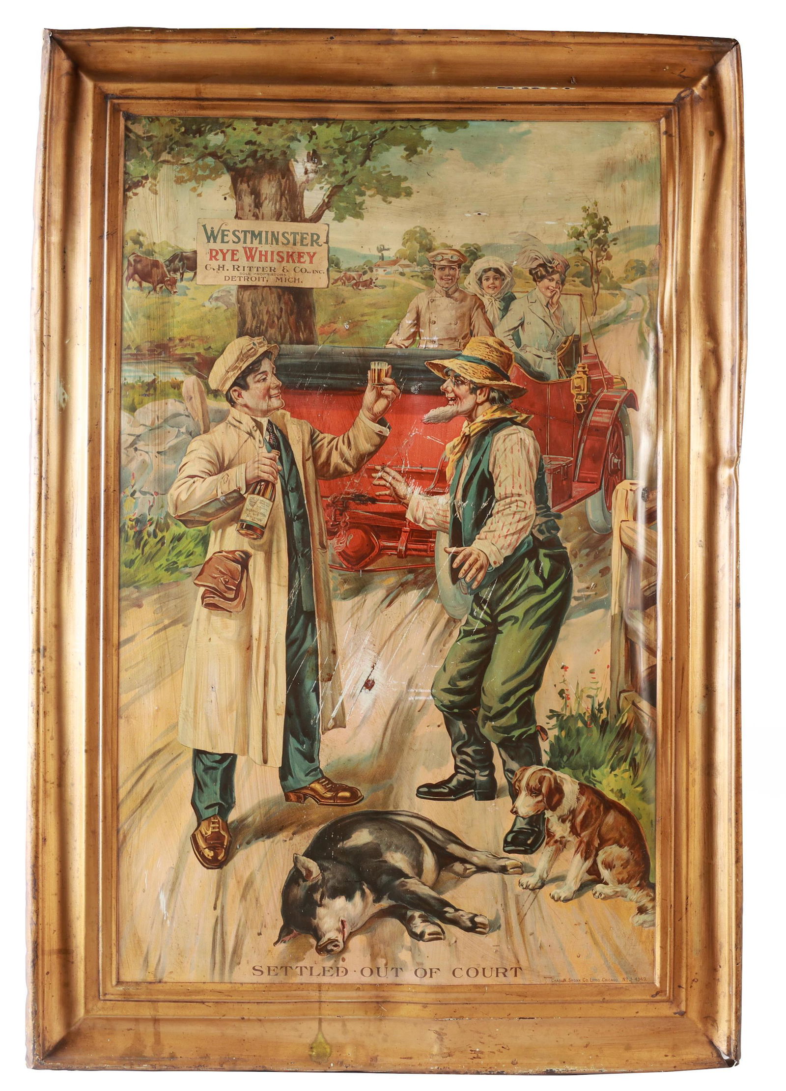 A Westminster Rye Whiskey 'Settled out of Court' printed tin advertising sign, American, circa 1... (1 of 1)