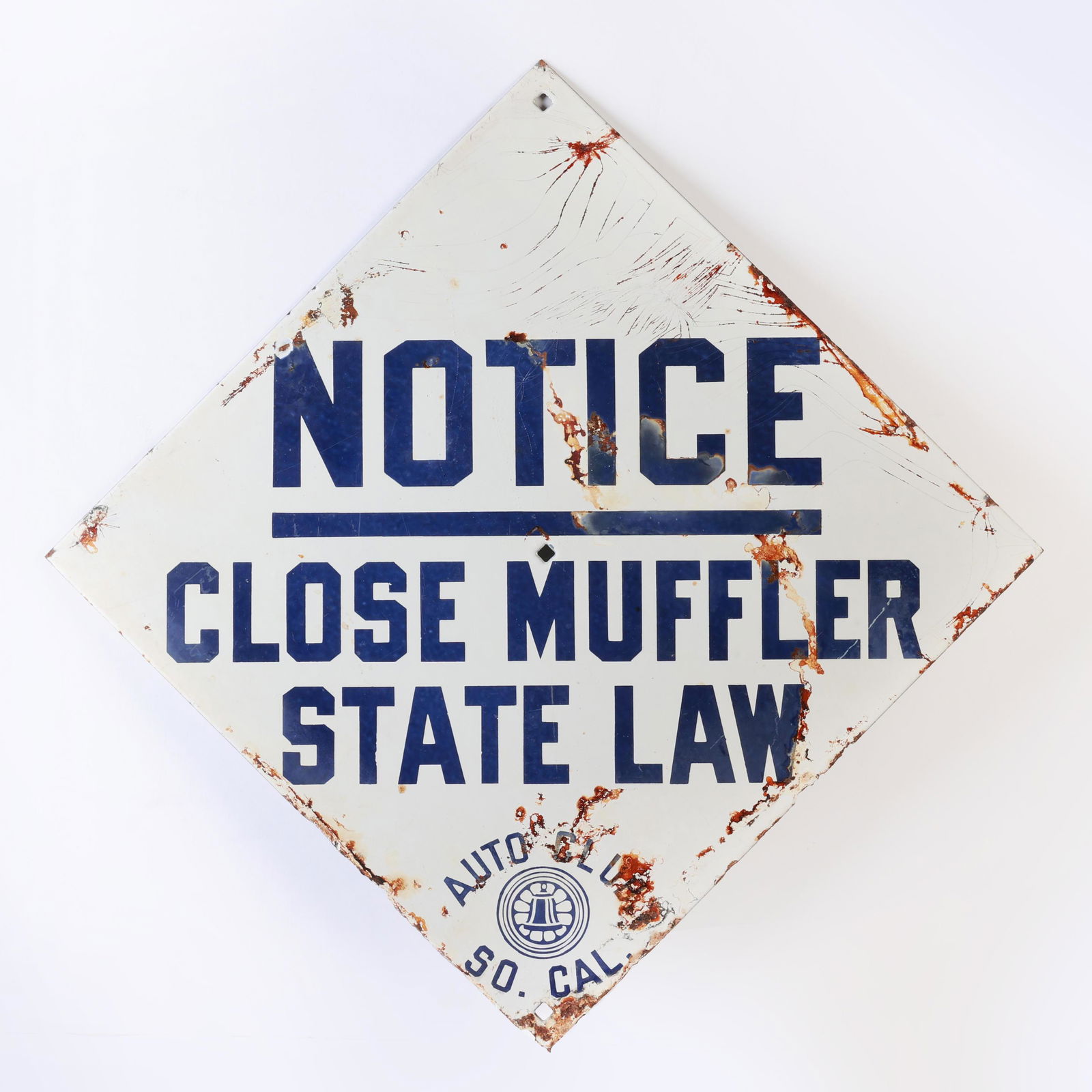 A 'NOTICE Close muffler state law', enamel sign, produced by the Auto Club of So. Cal, (1 of 1)