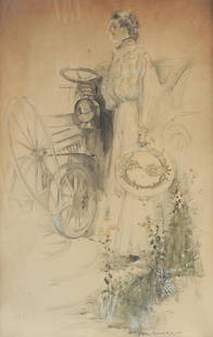 Karl Anderson (1874-1956) 'The Pioneering Spirit',: Karl Anderson (1874-1956) 'The Pioneering Spirit', signed, watercolor on paper, depicting a well dressed lady standing next to her Veteran car, 23 x 15 inches, framed and glazed, (paper yellowed, glas