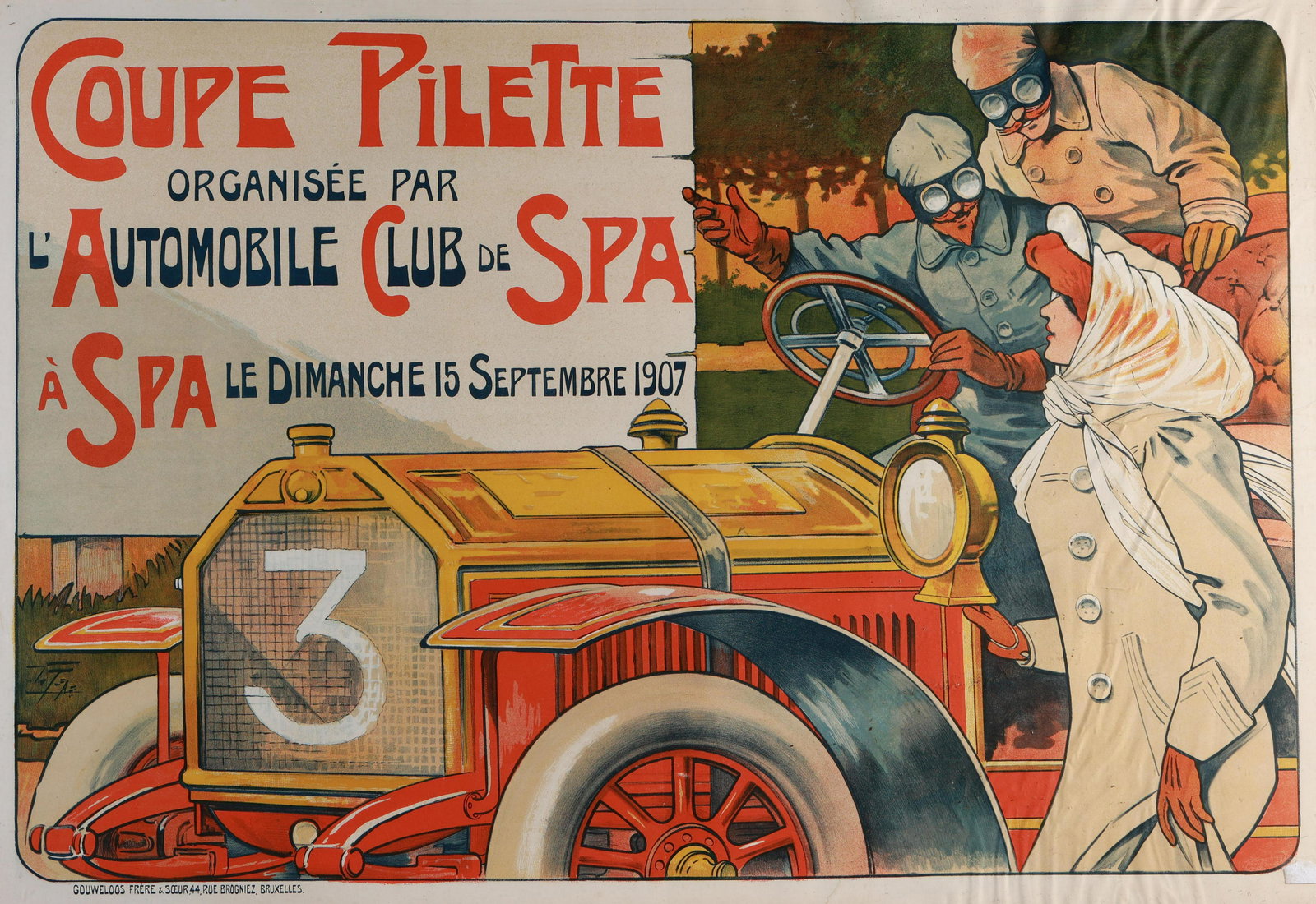 A Coupe Pilette race meeting advertising poster, L' Automobile Club de Spa, 1907, (1 of 2)