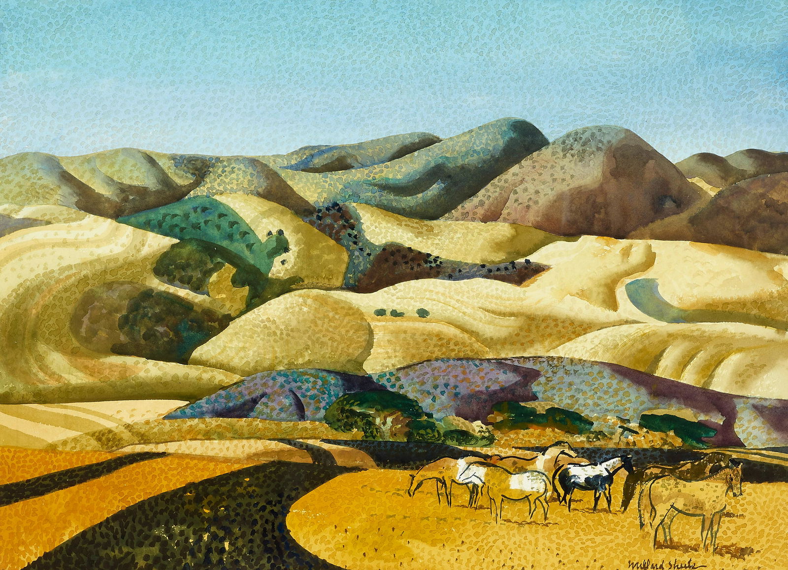 Millard Owen Sheets (1907-1989) Hills of Jolon, California sight 22 x 30 in. framed 32 x 40 in.: Millard Owen Sheets (1907-1989) Hills of Jolon, California signed 'Millard Sheets' (lower right) and signed again and dated '1968' (on the backing board) watercolor and ink on paper sight 22 x 30 in.