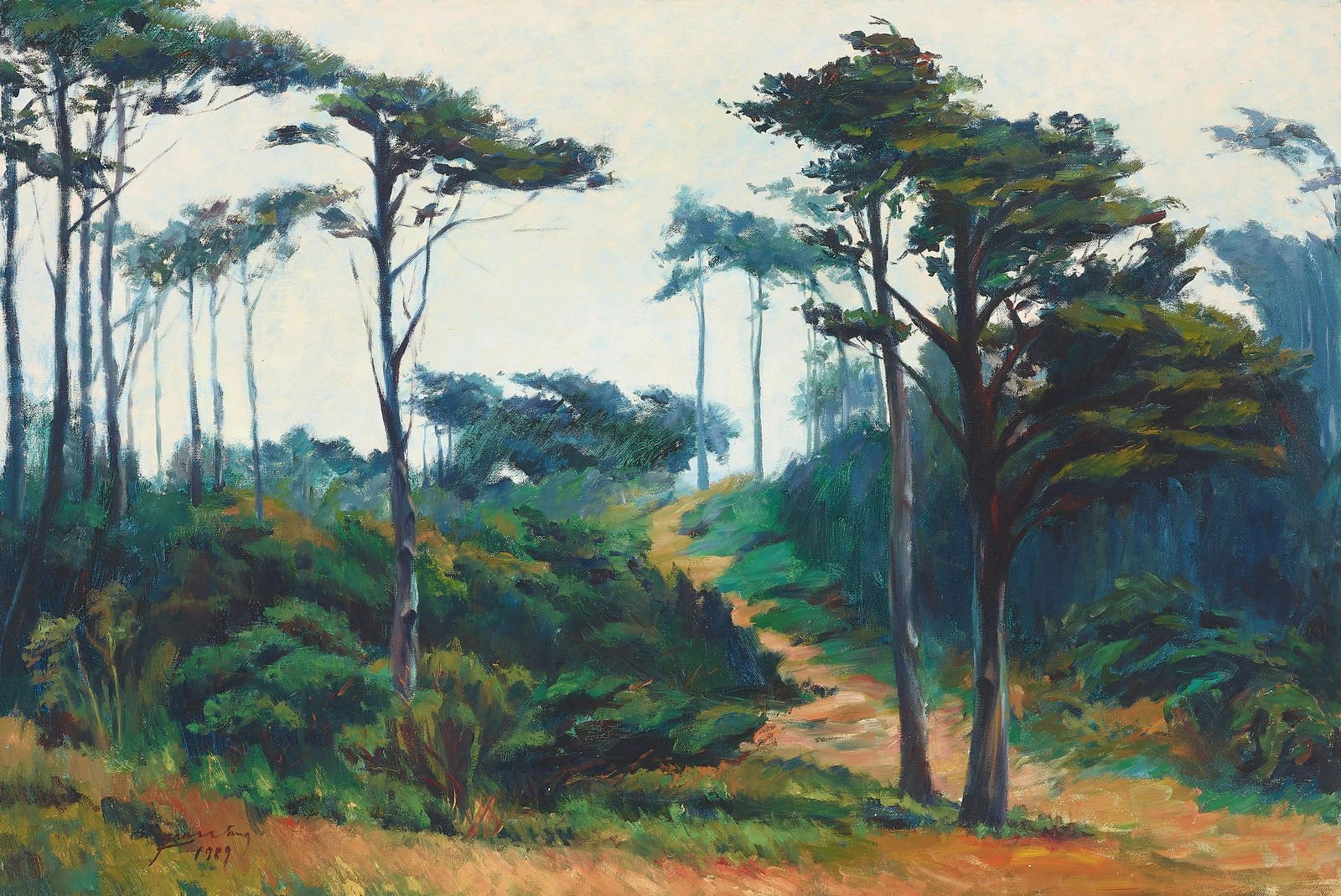 Jian Wang (born 1958) A Pass at the Golden Gate Park 24 x 36 in. framed 25 x 37 in.: Jian Wang (born 1958) A Pass at the Golden Gate Park signed and dated 'Jian Wang 1989' (lower left) and signed and dated again, and titled (on the reverse) oil on canvas 24 x 36 in. framed 25 x 37 in.