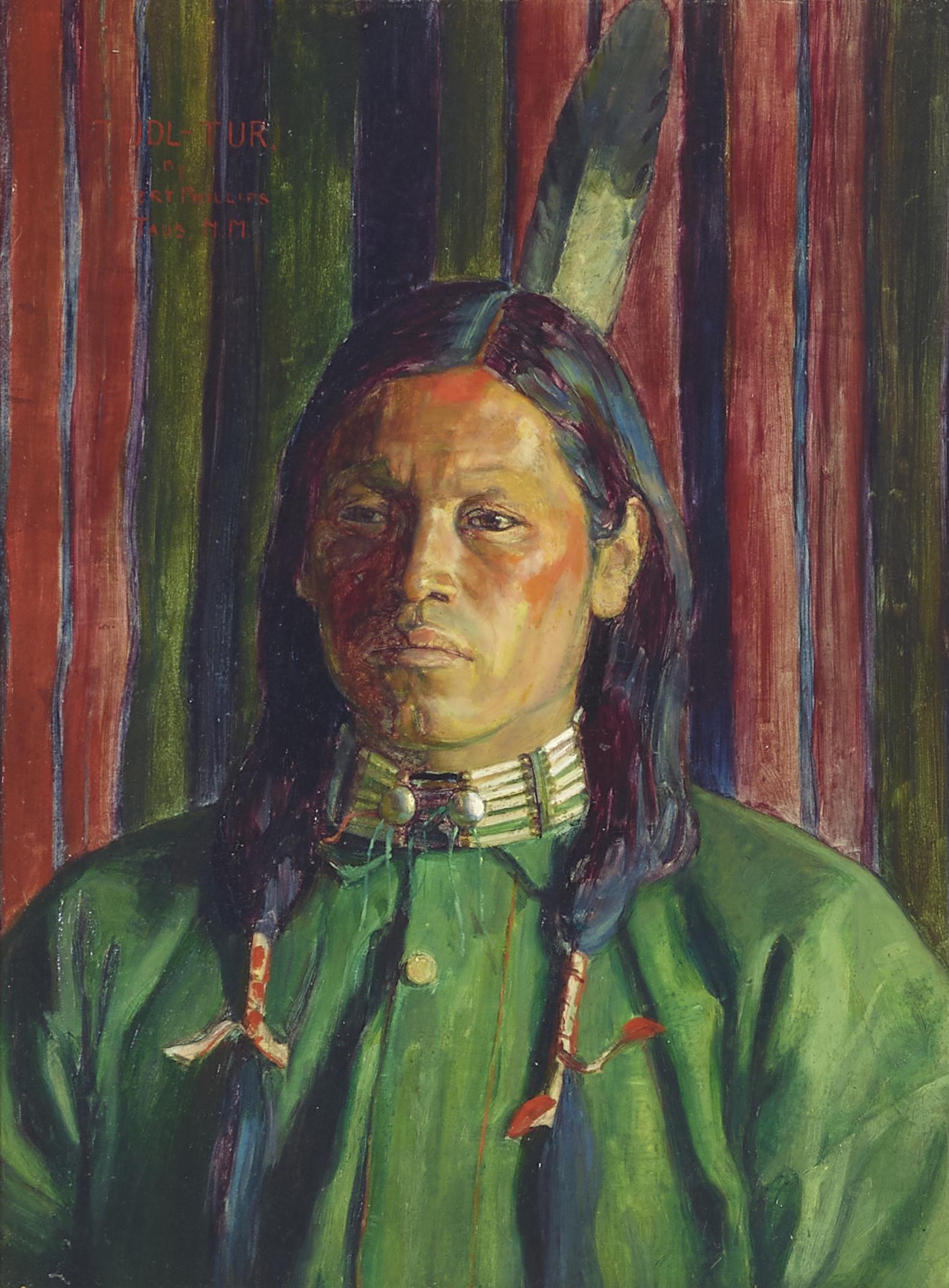 Bert Geer Phillips (1868-1956) Tudl-Tur (Sun Elk) 12 x 9 in. framed 23 1/2 x 20 1/2 in.: Bert Geer Phillips (1868-1956) Tudl-Tur (Sun Elk) signed, titled and inscribed 'Tudl-Tur / By / Bert Phillips / Taos NM' (upper left) oil on board 12 x 9 in. framed 23 1/2 x 20 1/2 in. Footnotes: P