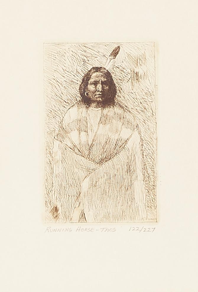 After Joseph Henry Sharp (1859-1953); Running Horse - Taos;: After Joseph Henry Sharp (1859-1953) Running Horse - Taos, plate executed c. 1900, printed later Etching on textured wove paper, unsigned, titled in pencil and numbered 122/227, with margins, framed.
