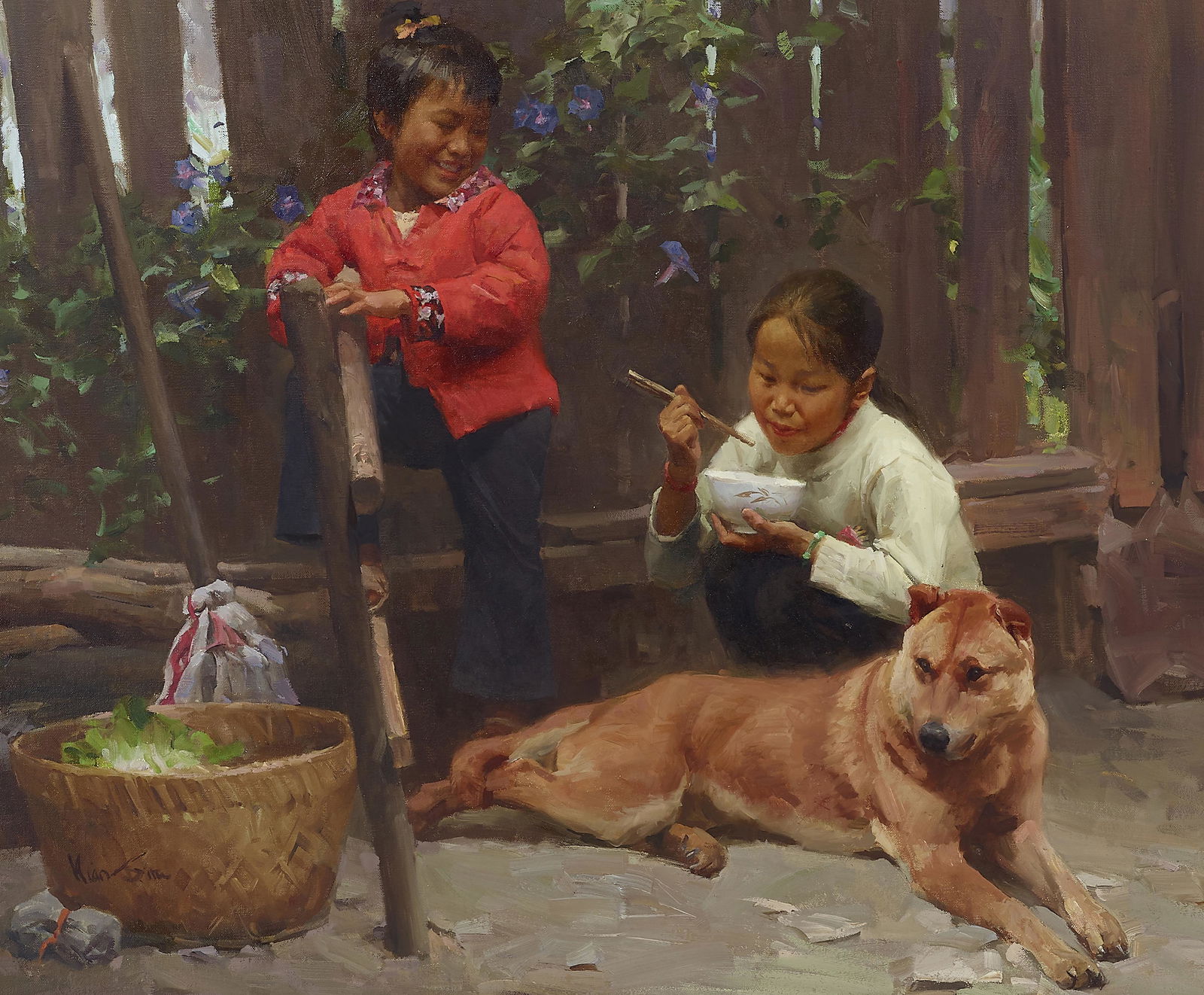 Mian Situ (born 1953) Children and Dog 20 x 24 in. framed 27 x 30 1/2 in. (1 of 2)