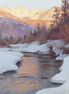 Jay Moore (born 1964) Last Light, Gore Range 24 x 18 in. framed 34 x 27 in.: Jay Moore (born 1964) Last Light, Gore Range signed 'JAY MOORE' (lower right) and signed again, titled and dated '© 2014' (on the reverse) oil on canvas laid to panel 24 x 18 in. framed 34 x 27 i