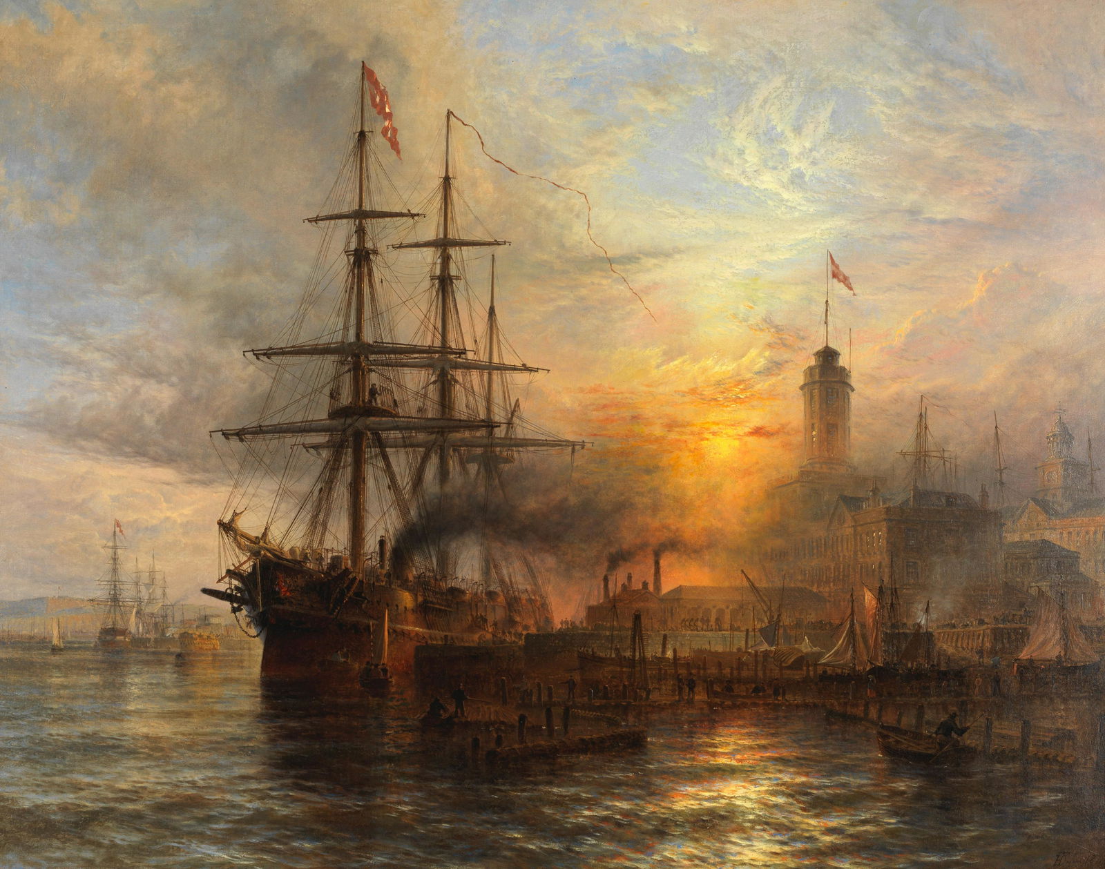 Henry Thomas Dawson (British, 1841-circa 1896) A Danish steamer moored alongside a busy dock in ...: Henry Thomas Dawson (British, 1841-circa 1896) A Danish steamer moored alongside a busy dock in Portsmouth signed and dated 'HTD Jun. 1874' (lower right) oil on canvas 85.1 x 108.3cm (33 1/2 x 42 5/8i