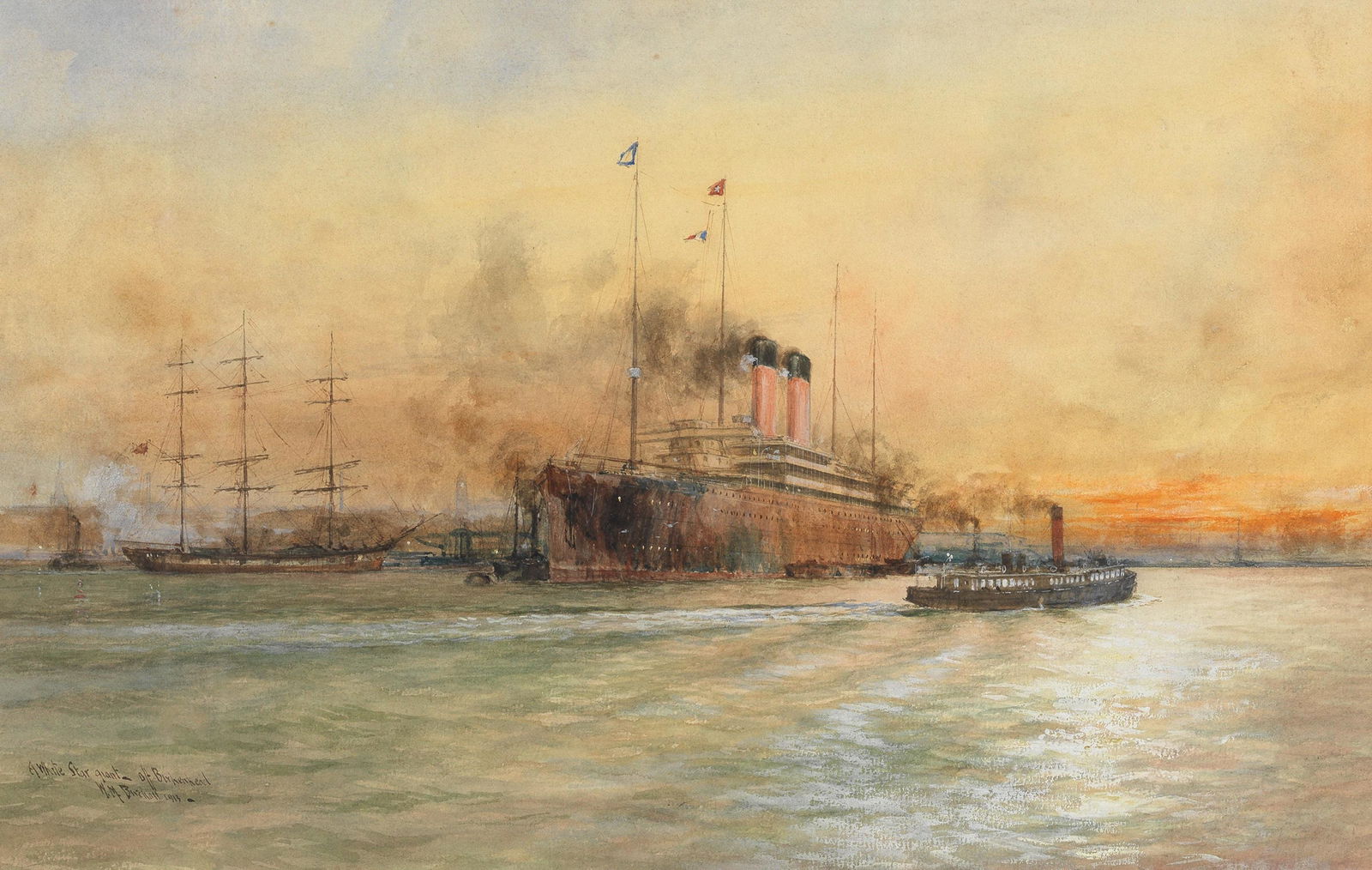 William Minshall Birchall (British, 1884-1941) 'A White Star Giant off Birkenhead': William Minshall Birchall (British, 1884-1941) 'A White Star Giant off Birkenhead' signed, inscribed with title and dated 'A White Star giant- off Birkenhead/W.M. Birchall 1913' (lower left) watercolo