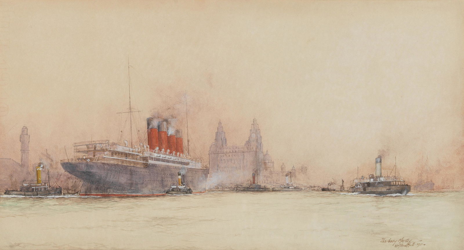 William Minshall Birchall (British, 1884-1941) 'The Busy Mersey': William Minshall Birchall (British, 1884-1941) 'The Busy Mersey' signed, inscribed and dated 'The busy Mersey/WM Birchall.1911' (lower right) watercolour heightened with white and traces of pencil 24.