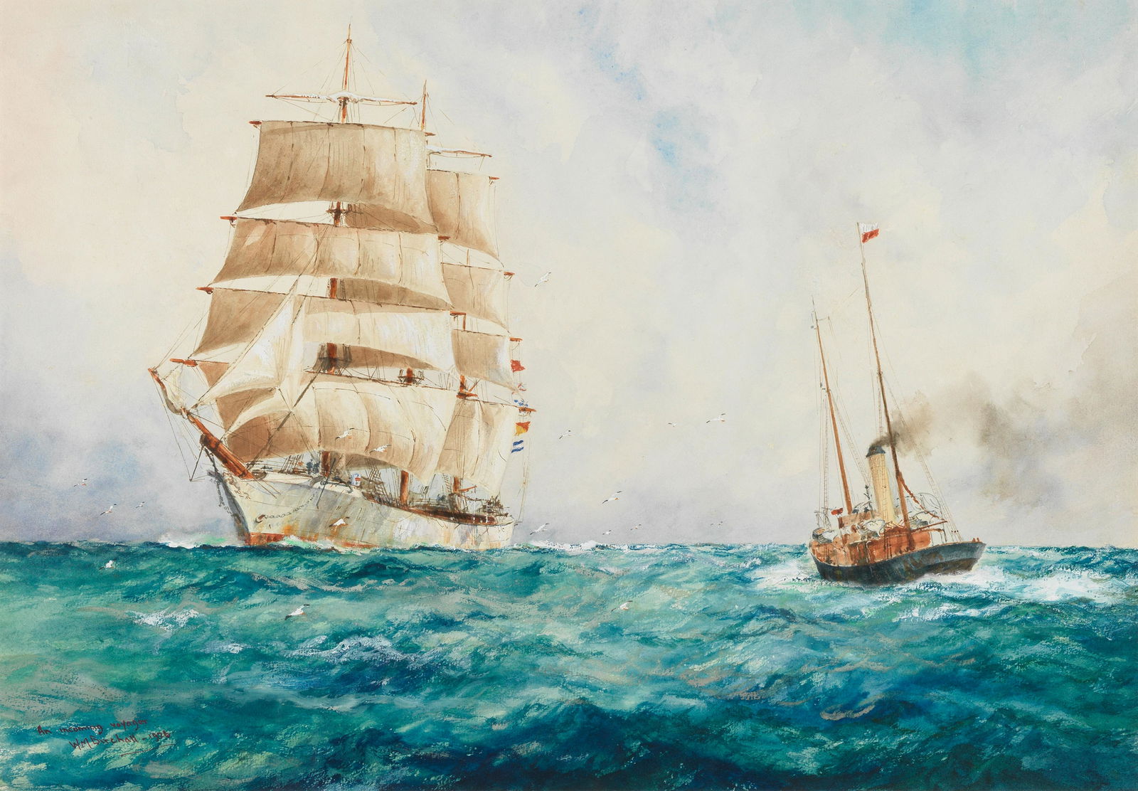 William Minshall Birchall (British, 1884-1941) 'An Incoming Voyager': William Minshall Birchall (British, 1884-1941) 'An Incoming Voyager' signed, inscribed with title and dated 'An Incoming voyager/WM Birchall-1926' (lower left) watercolour and gouache 35.8 x 51.8cm (1