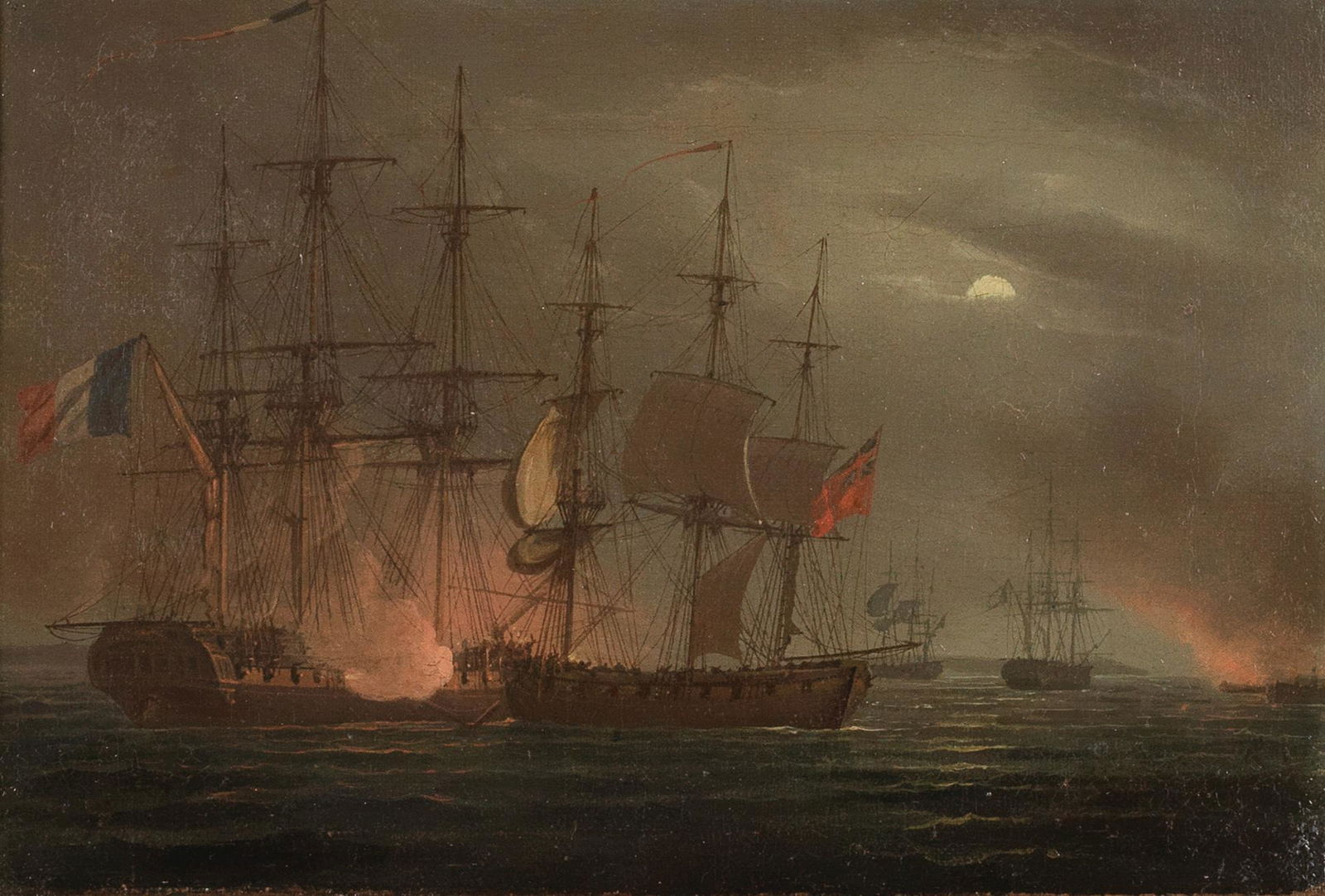 Circle of Thomas Whitcombe (British, circa 1752-1824) Capture of a French ship: Circle of Thomas Whitcombe (British, circa 1752-1824) Capture of a French ship oil on canvas 17.8 x 26.6cm (7 x 10 1/2in). Footnotes: Bears a label on the reverse which reads: 'Captured by H.M.S
