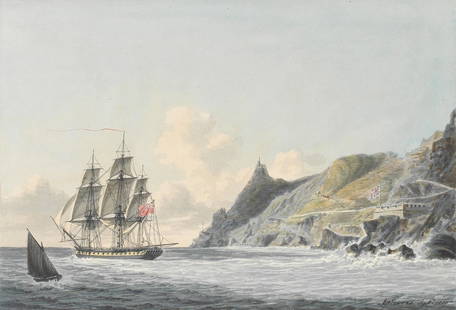 John Thomas Serres (London 1759-1825) Frigate off Sugar Loaf Point, St Helena: John Thomas Serres (London 1759-1825) Frigate off Sugar Loaf Point, St Helena signed and dated 'JTSerres. Sept. 1800' (lower right) pen and ink and watercolour with traces of pencil 20.9 x 32.4cm (8 1