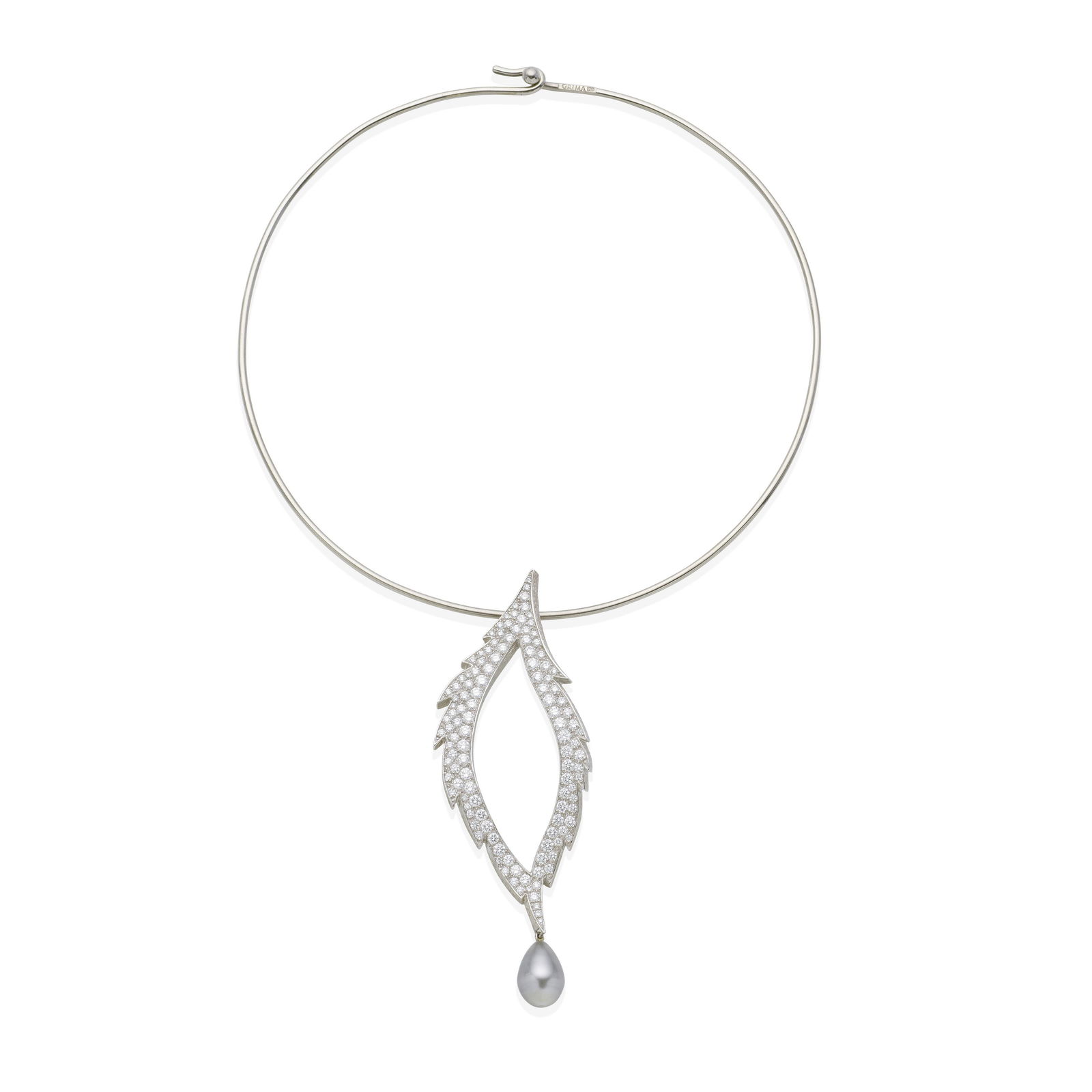 GRIMA: DIAMOND AND CULTURED PEARL BROOCH/PENDANT AND TORQUE, 1987: GRIMA: DIAMOND AND CULTURED PEARL BROOCH/PENDANT AND TORQUE, 1987 The openwork leaf brooch/pendant pavé-set with brilliant-cut diamonds, issuing a grey cultured pearl, suspended from a torque, s