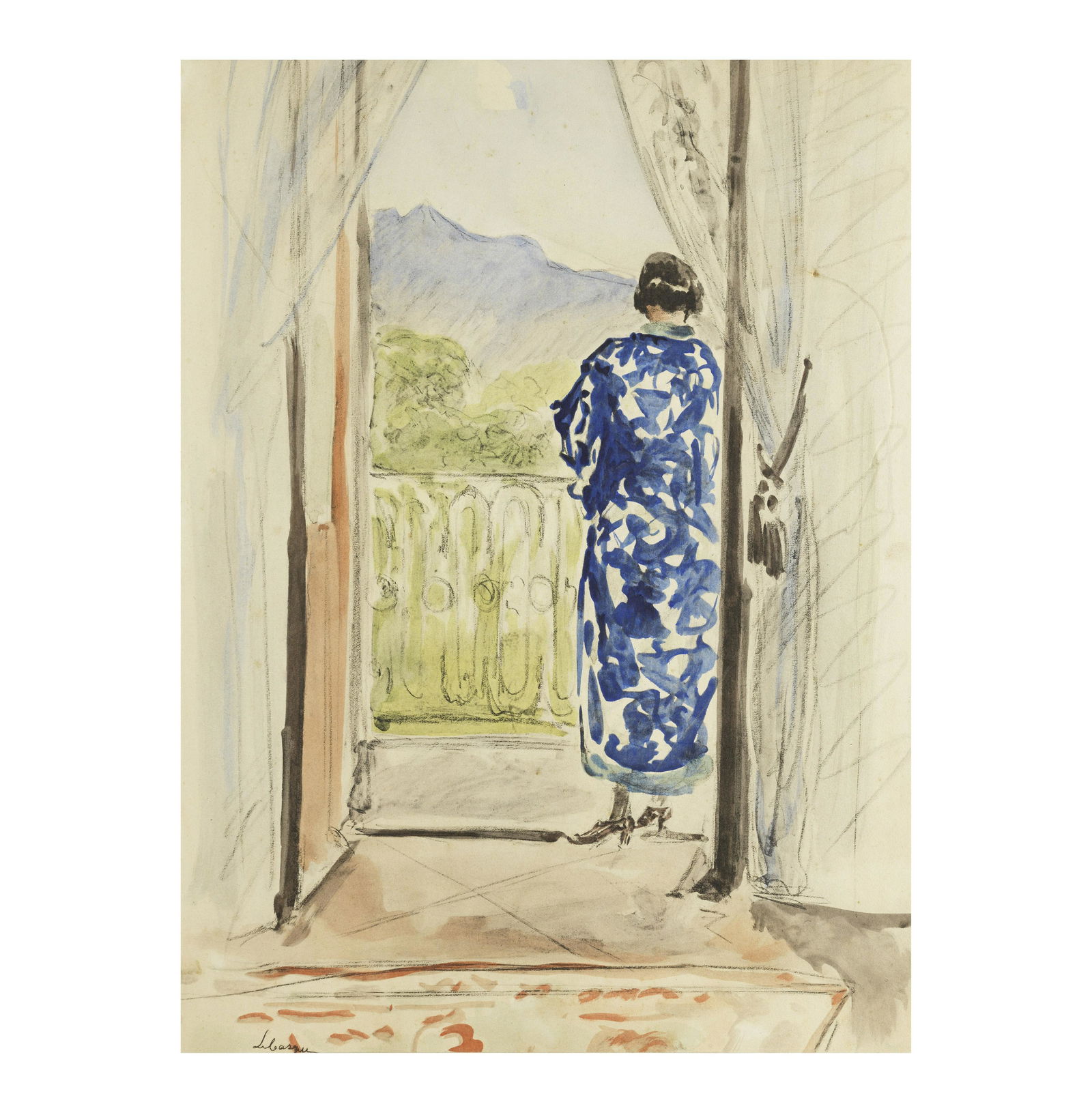 HENRI LEBASQUE (1865-1937) Femme au balcon: HENRI LEBASQUE (1865-1937) Femme au balcon signé 'Lebasque' (en bas à gauche) aquarelle, fusain et encre et lavis d'encre sur papier marouflé sur carton signed 'Lebasque' (lower left) w
