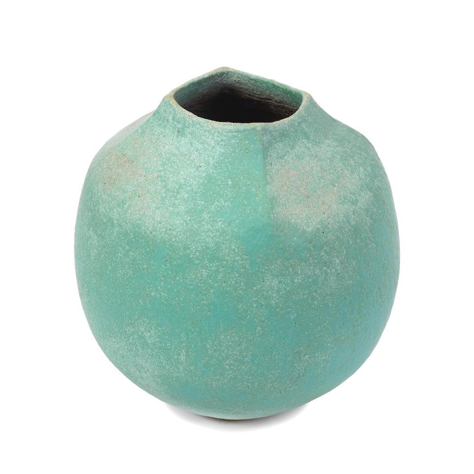 John Ward Spherical vessel: John Ward Spherical vessel Stoneware, globular body with squared lip, vibrant turquoise glaze. 17.5 cm high Underside with impressed artist's seal (JW monogram indistinct). This lot is subject to the