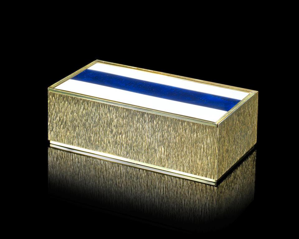 Gerald Benney A rare large silver-gilt and enamelled box London 1972, also stamped 'Gerald Benne...: Gerald Benney A rare large silver-gilt and enamelled box London 1972, also stamped 'Gerald Benney London' Rectangular form with bark-effect texturing on the sides, the underside with radiating texturi