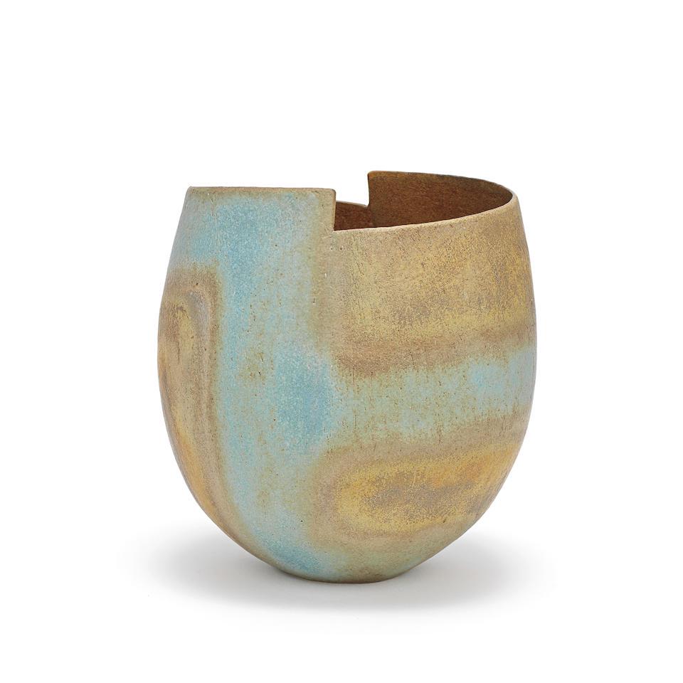 John Ward Stepped rim pot, circa 1990: John Ward Stepped rim pot, circa 1990 Stoneware, of ovoid form, ochre and green matt glaze. 21.5 cm high Underside with impressed artist's seal. Footnotes: Provenance Dr Anne-Carole Chamier Collection