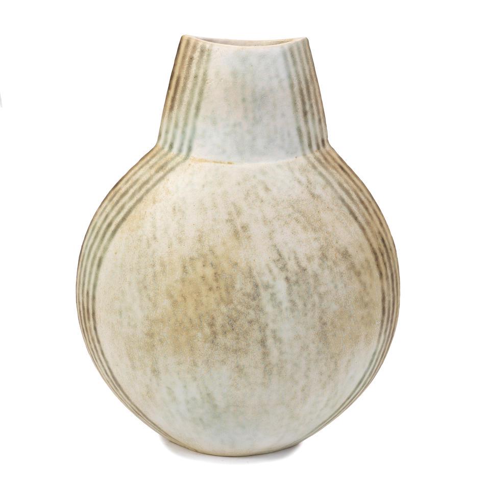 John Ward 'Disc pot': John Ward 'Disc pot' Stoneware, the rounded flattened body with tapering neck and dipped neck rim, mottled and striped design executed in cream and green matt glazes. 32.5 cm high Underside with impre