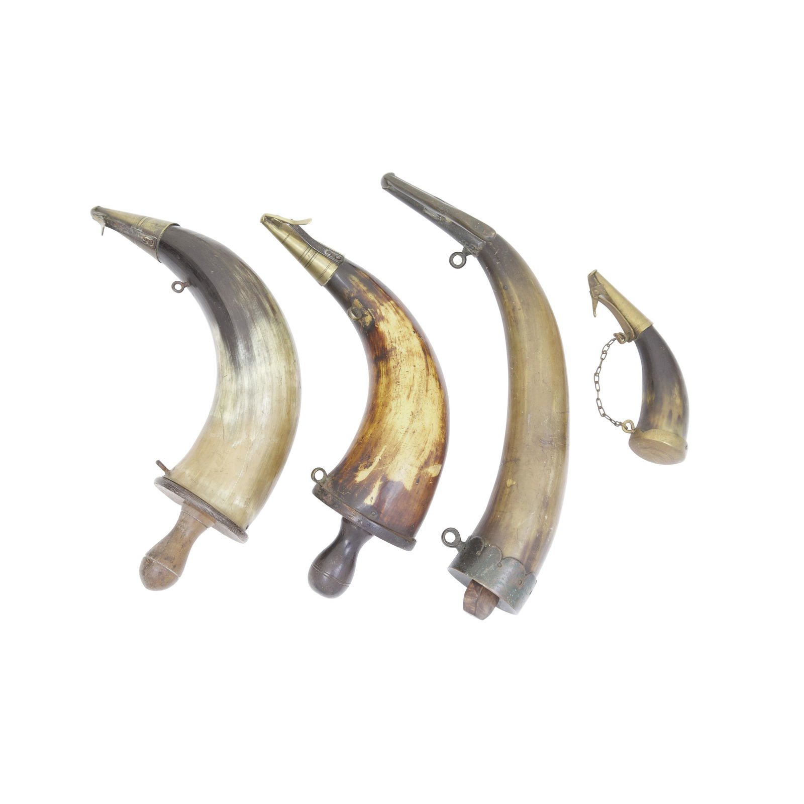 Three Naval Gunner's Powder-Horns, And An Artillery Priming-Flask (4): Three Naval Gunner's Powder-Horns, And An Artillery Priming-FlaskEarly 19th CenturyThe first formed from a section of polished cowhorn, circular wooden base-plug with turned swelling wooden handle thr