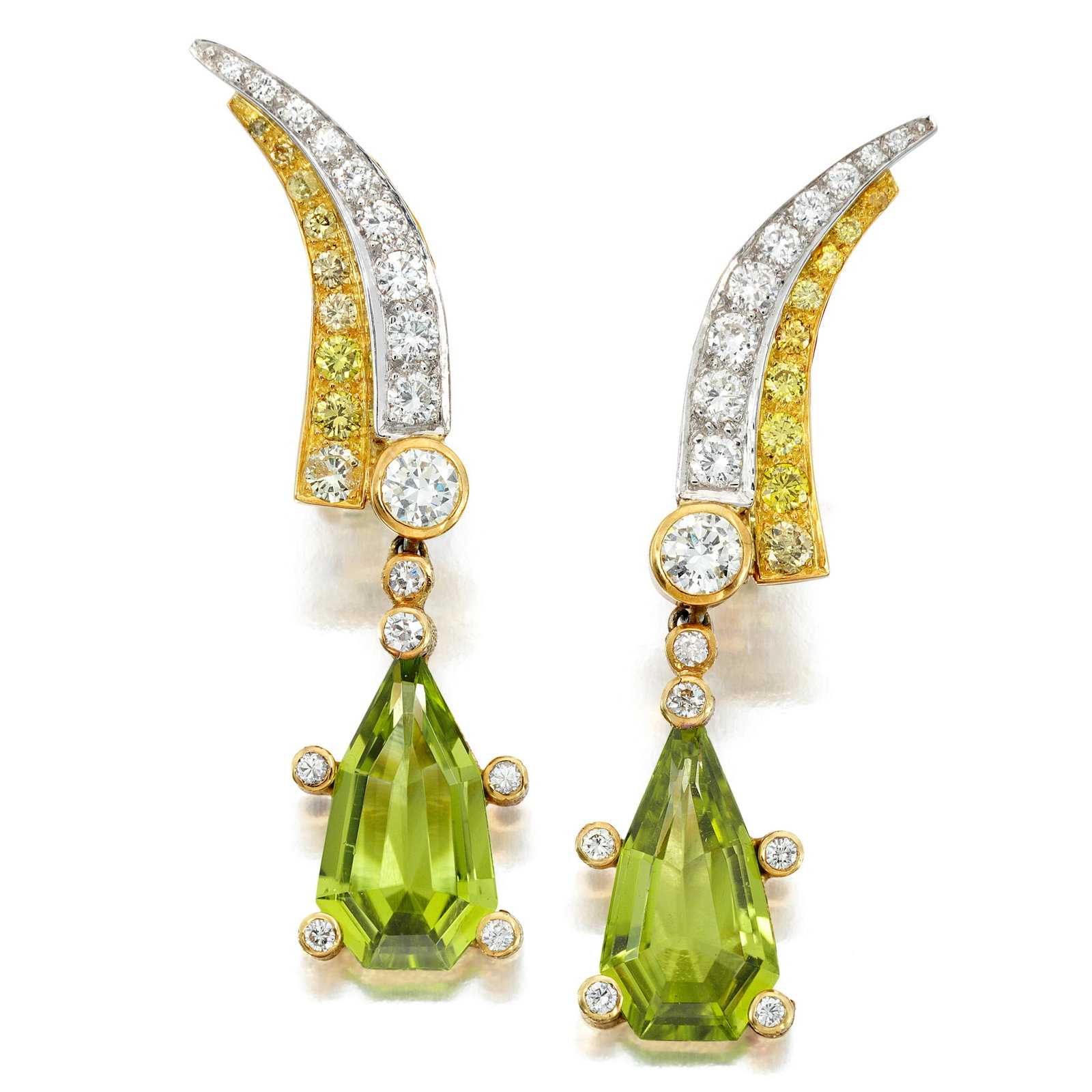 GRIMA: A PAIR OF DIAMOND AND PERIDOT EARRINGS, CIRCA 1986: GRIMA: A PAIR OF DIAMOND AND PERIDOT EARRINGS, CIRCA 1986 Comprising surmounts of abstract form set with round diamonds of near-colorless and yellow-tint, supporting pendants set with two modified tri