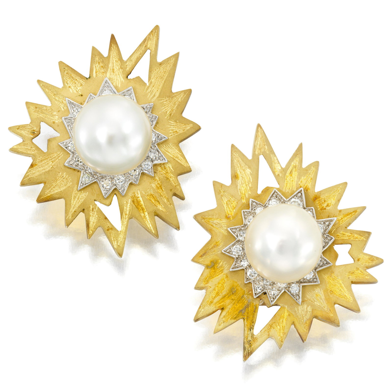 GRIMA: A PAIR OF 18K GOLD, DIAMOND AND CULTURED PEARL EARCLIPS, CIRCA 1986: GRIMA: A PAIR OF 18K GOLD, DIAMOND AND CULTURED PEARL EARCLIPS, CIRCA 1986 Centering two cultured pearls measuring approximately 12.3 to 12.5 mm, within sunburst frames of textured and sandblasted gol