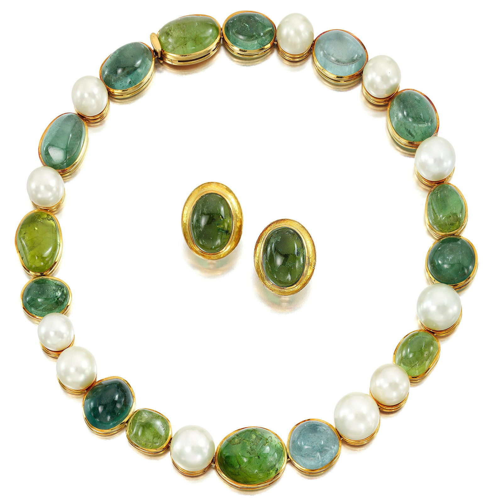 DE VROOMEN: A TOURMALINE AND CULTURED PEARL EARCLIP AND NECKLACE SUITE (1 of 2)