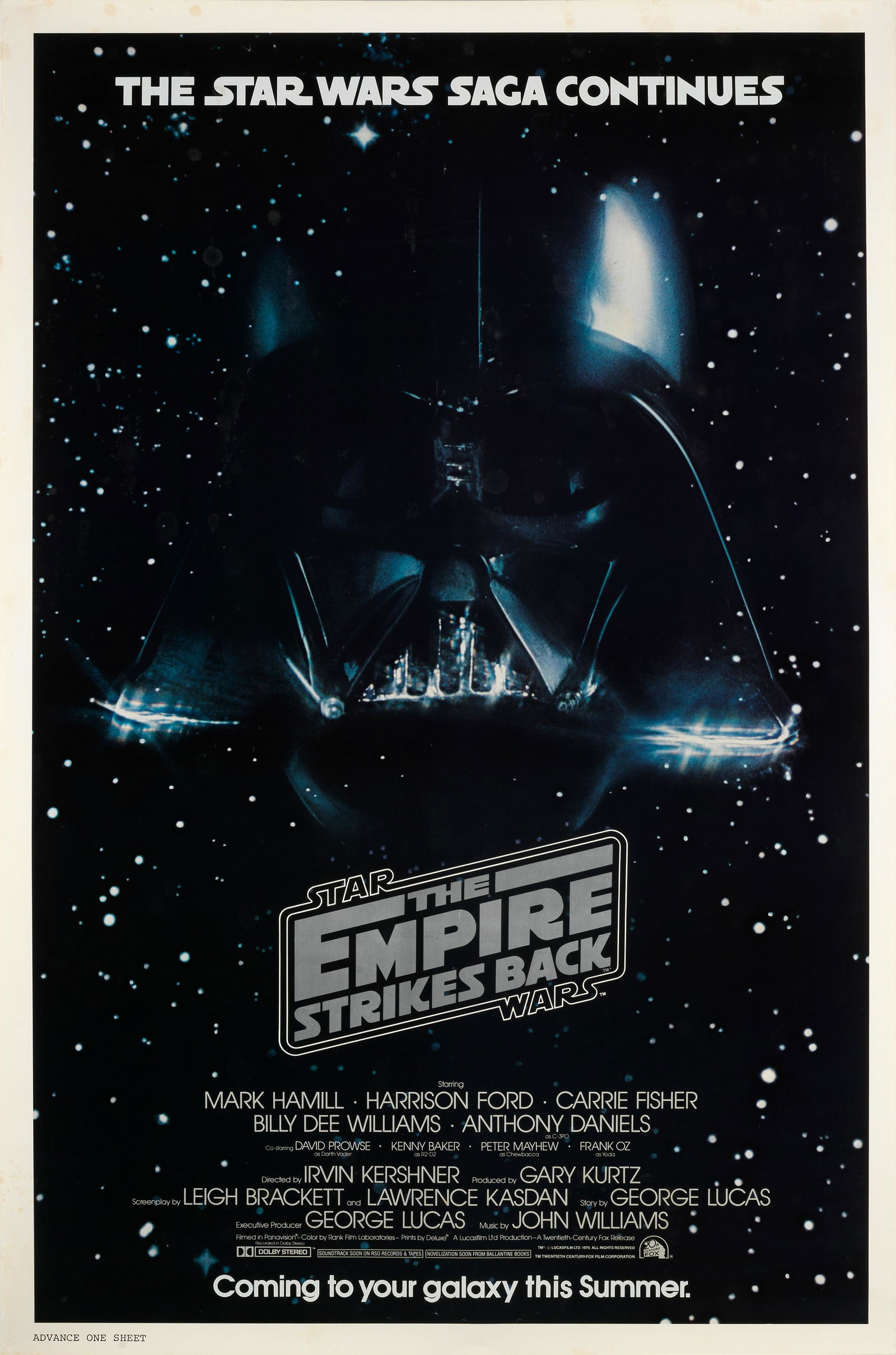 The Empire Strikes Back Lucasfilm, 1980,: The Empire Strikes BackLucasfilm, 1980,Advance US one-sheet poster, 1979, artwork by Bob Peak, 27in x 41in (69cm x 104cm)Footnotes:Literature:S. Sansweet & P. Vilmur, The Star Wars Poster Book, 2005,