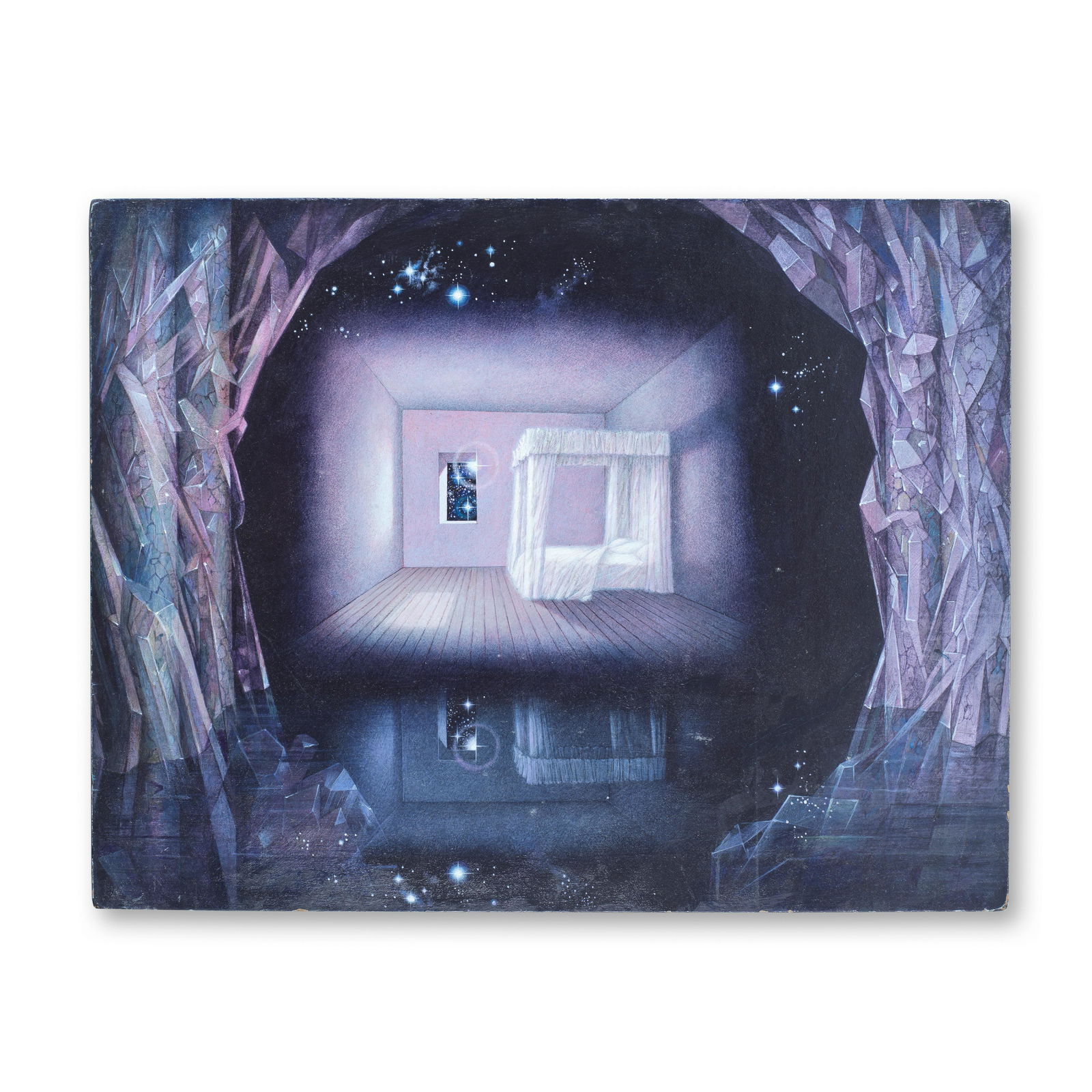 Tom Adams (American, 1926-2019): An Original Painting of Princess Aura's Bedroom From 'Flash Gor...: Tom Adams (American, 1926-2019): An Original Painting of Princess Aura's Bedroom From 'Flash Gordon',circa 1980,oil on panel, sticker applied to the reverse inscribed 'FLASH GORDON' FILM PRINCESS AURO