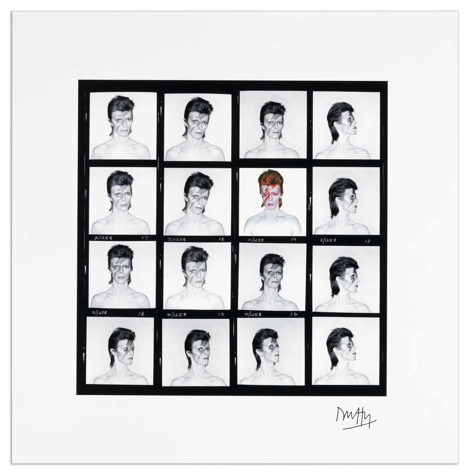 Brian Duffy (British, 1933-2010): David Bowie, 'Aladdin Sane: Contact Sheet', 1973, printed later,: Brian Duffy (British, 1933-2010): David Bowie, 'Aladdin Sane: Contact Sheet',1973, printed later,No.36/75, archival pigment print, signed in black ink by the photographer to the lower margin, blindsta