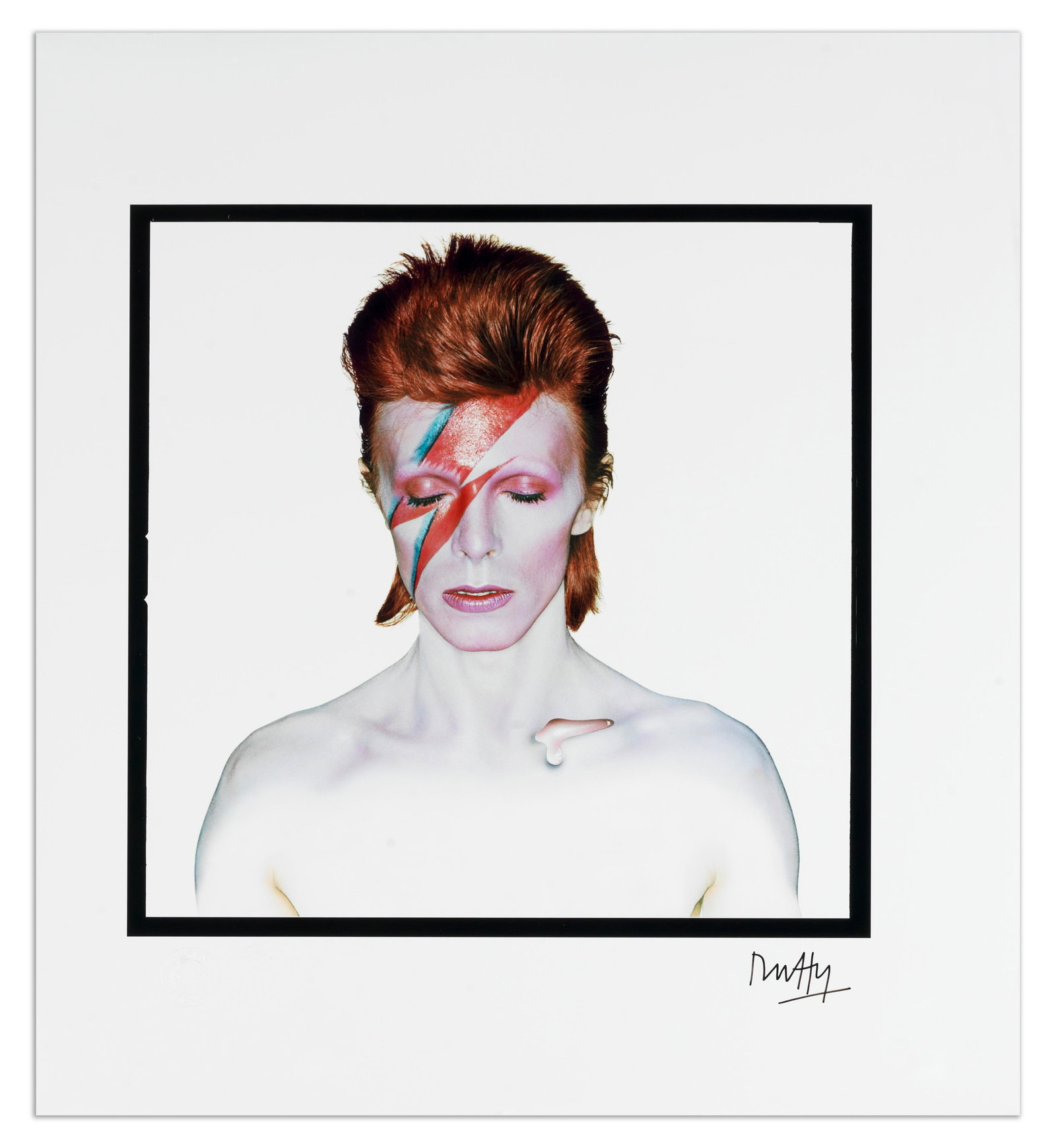 Brian Duffy (British, 1933-2010): David Bowie, Aladdin Sane (Eyes Closed), 1973, printed later,: Brian Duffy (British, 1933-2010): David Bowie, Aladdin Sane (Eyes Closed),1973, printed later,no.33/100, archival pigment print, signed in black ink by the photographer to the lower margin, blindstamp