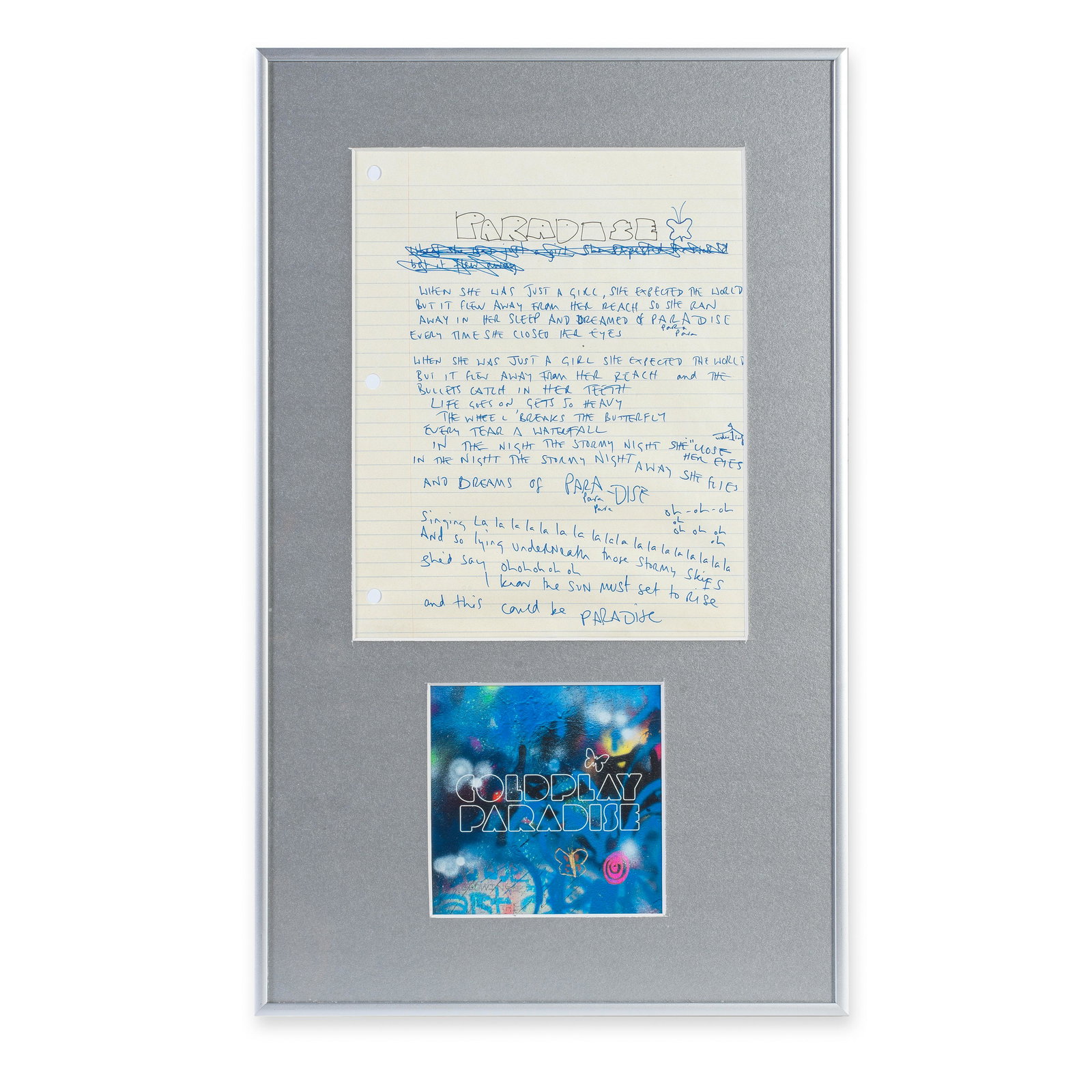 Coldplay: Original Handwritten Lyrics For 'Paradise' By Chris Martin, 2011,: Coldplay: Original Handwritten Lyrics For 'Paradise' By Chris Martin,2011,one page of lined notepaper with handwritten lyrics by frontman Chris Martin for the band's single 'Paradise' from their album