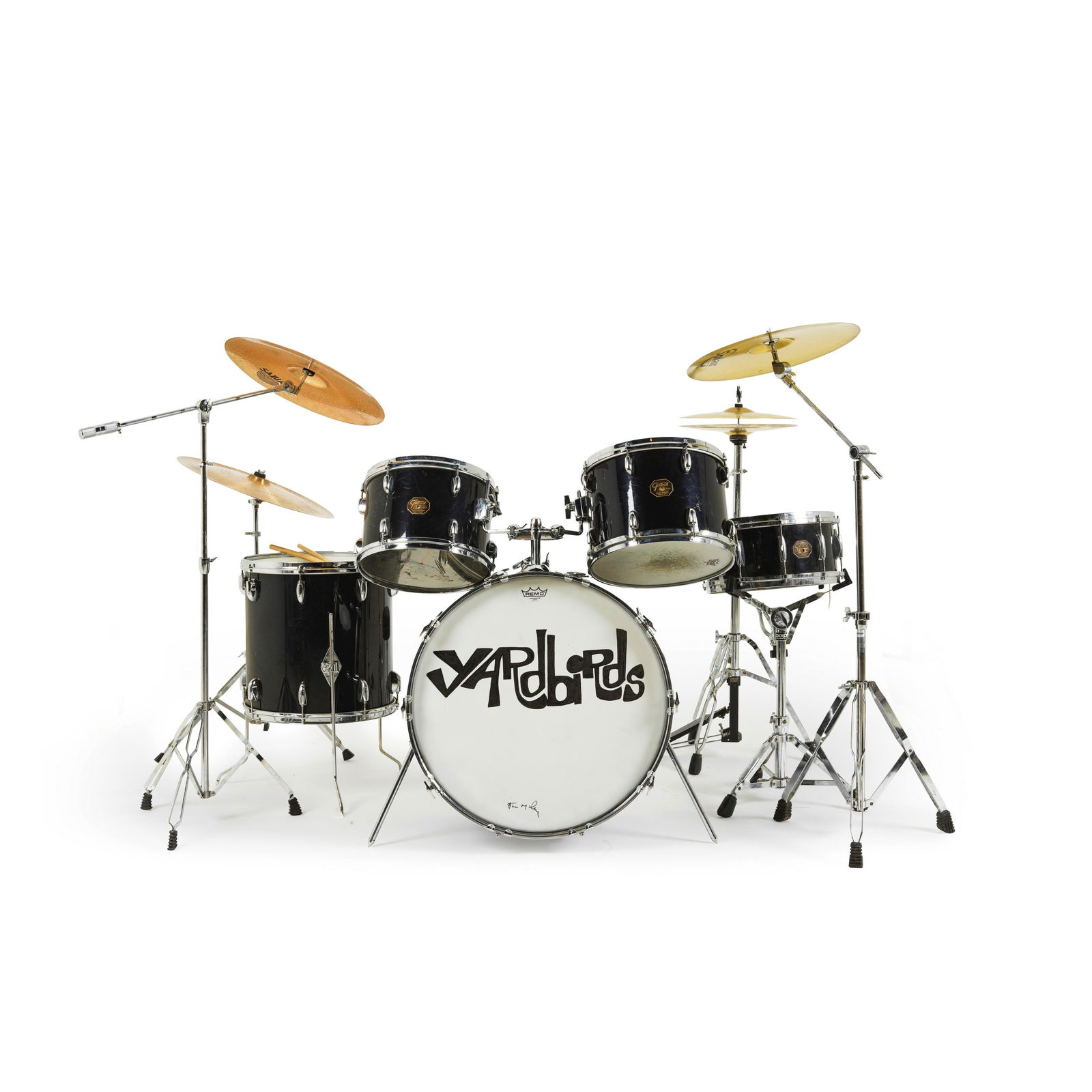 The Yardbirds/Box Of Frogs: Jim McCarty's Personally Owned Gretsch Drum Kit, circa 1980,: The Yardbirds/Box Of Frogs: Jim McCarty's Personally Owned Gretsch Drum Kit,circa 1980,black finish, drums with 1979/80 octagon and square badge styles, comprising: snare approx 14inch; two Toms, appr