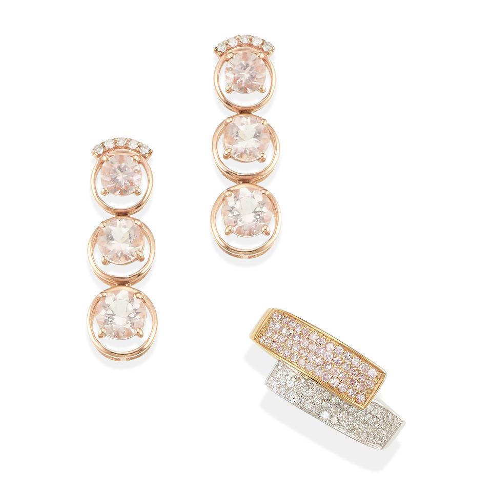 A BI-COLOR GOLD, COLORED DIAMOND AND DIAMOND RING AND A PAIR OF ROSE GOLD AND MORGANITE EARRINGS: A BI-COLOR GOLD, COLORED DIAMOND AND DIAMOND RING AND A PAIR OF ROSE GOLD AND MORGANITE EARRINGS Pink diamonds, diamonds, morganite, estimated gross weight 8.2 grams, mounted in 10k rose gold and 14k