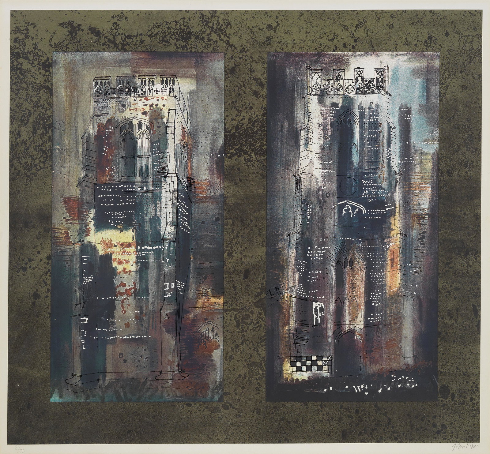 John Piper C.H. (British, 1903-1992) Two Suffolk Towers Screenprint in colours, 1973, on wove pa...: John Piper C.H. (British, 1903-1992)Two Suffolk Towers (Levinson 237) Screenprint in colours, 1973, on wove paper, signed and numbered 2/70 in pencil, printed by Kelpra Studio, London, published by Ma