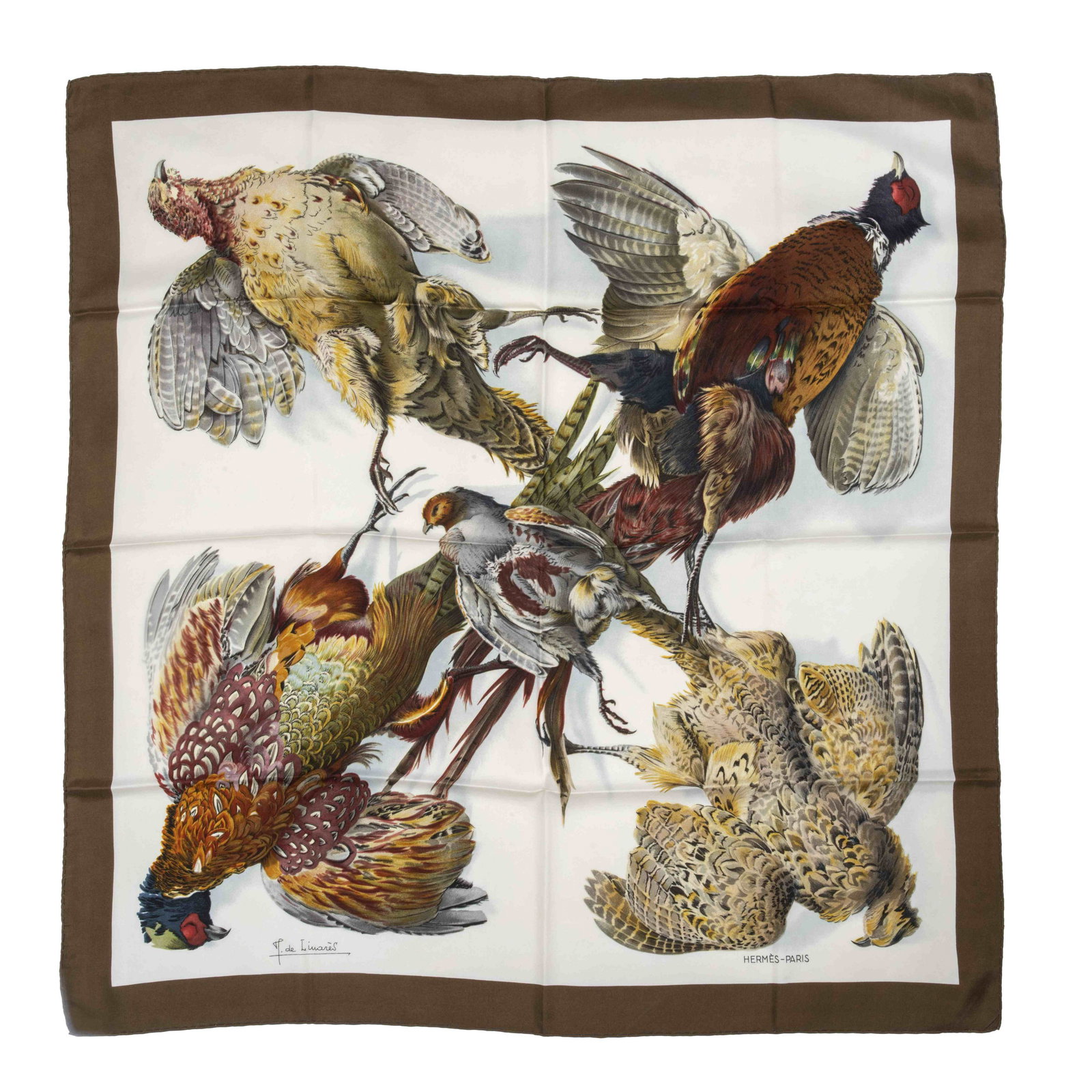 HERMES Paris Made In France. Carré 'Belle Chasse'. Dessin de Henri de Linares.: HERMES Paris Made In France. Carré 'Belle Chasse'. Dessin de Henri de Linares. En soie imprimée, marge marron. 90 x 90 cm Condition d'état : B-. Footnotes: A silk scarf, brown margin. C