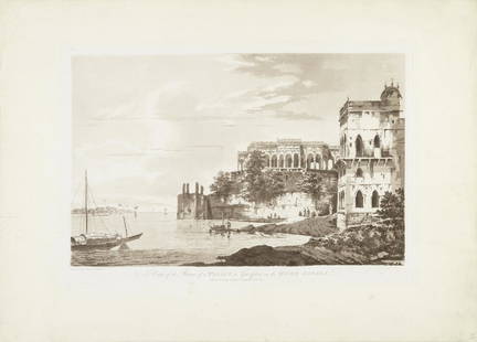 William Hodges, R.A. (London 1744-1797 Devon) 'A View of the Ruins of a Palace at Gazipoor on th...: William Hodges, R.A. (London 1744-1797 Devon)'A View of the Ruins of a Palace at Gazipoor on the River Ganges'; 'A View of the Ravines at Etawa'tinted aquatint views by and after Hodges, published by