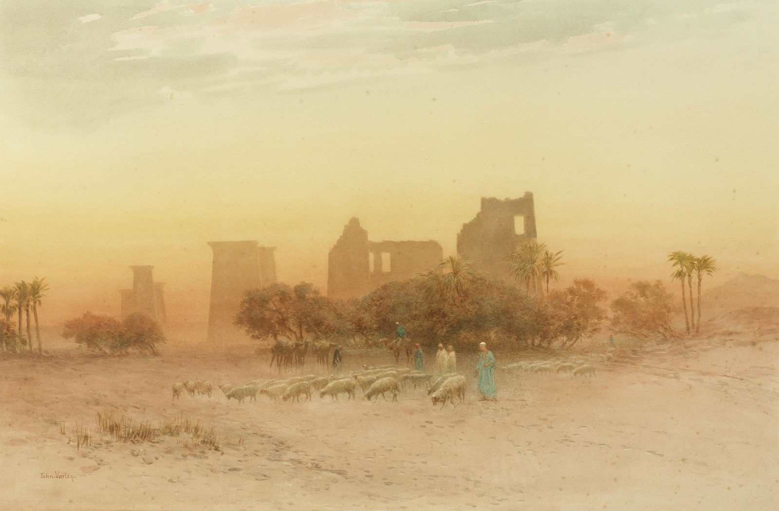 John Varley Jnr. (British, 1850-1933) Herding sheep at sunset by an Egyptian ruin: John Varley Jnr. (British, 1850-1933)Herding sheep at sunset by an Egyptian ruin signed 'John.Varley-' (lower left)watercolour48.5 x 71.4cm (19 1/8 x 28 1/8in).