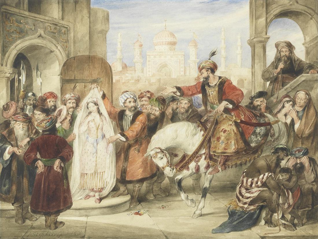 James Stephanoff (British, 1784-1874) An eastern market: James Stephanoff (British, 1784-1874)An eastern market signed and dated 'J. Stephanoff 1855' (lower left)watercolour heightened with white22.2 x 29.6cm (8 3/4 x 11 5/8in).Footnotes:ProvenanceAnon. sal