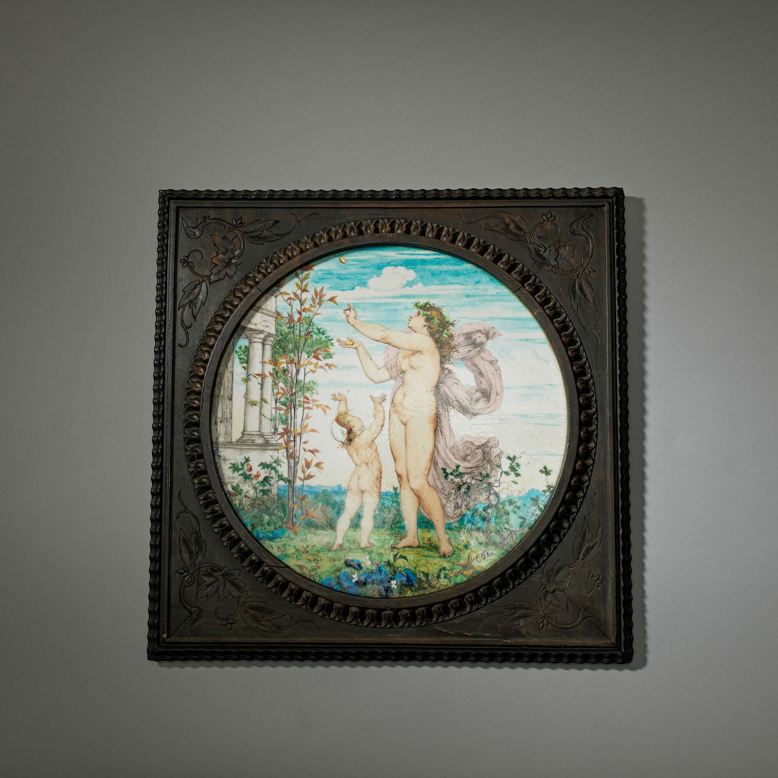 Théodore Deck and Joseph-Victor Ranvier Pictorial ceramic plaque, 1867: Théodore Deck and Joseph-Victor RanvierPictorial ceramic plaque, 1867Faience pottery, hand-painted in natural colours and glazed; depicting a nude woman and child in a landscape. Mounted in origi