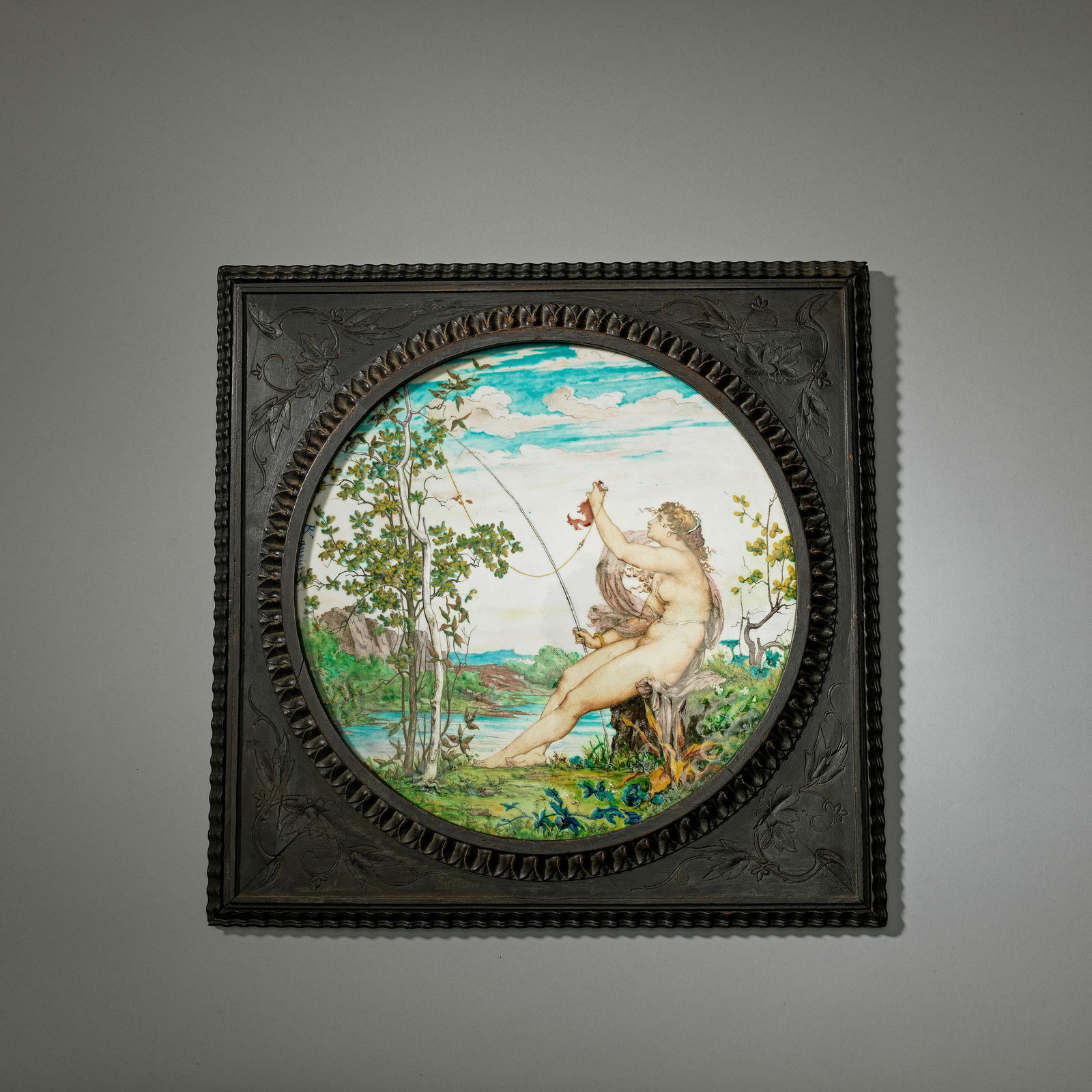 Théodore Deck and Joseph-Victor Ranvier Pictorial ceramic plaque, 1867: Théodore Deck and Joseph-Victor RanvierPictorial ceramic plaque, 1867Faience pottery, hand-painted in natural colours and glazed; depicting a nude woman fishing in a landscape. Mounted in origina