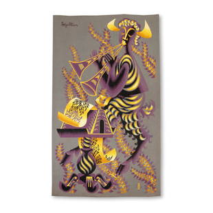 Louis-Marie Jullien for Pierre Legoueix 'Chèvre-pied' tapestry, mid-20th Century: Louis-Marie Jullien for Pierre Legoueix'Chèvre-pied' tapestry, mid-20th CenturyAubusson wool in colours, the hand-woven decoration depicting a musical faun.139.5 x 79 cmArtist's woven signature a