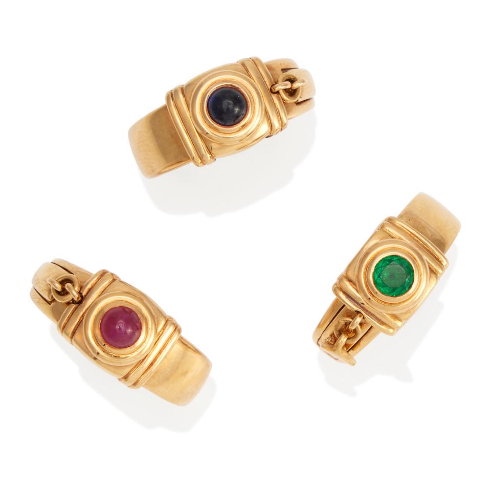 TABBAH: THREE 18K GOLD AND GEM-SET RINGS: TABBAH: THREE 18K GOLD AND GEM-SET RINGS Ruby, sapphire, emerald, estimated gross weight 26.2 grams, signed Tabbah, no. 50, no. 1410246, no. 1410850, sizes 5 1/4 , 5 1/2 and 6 Footnotes: OVERALL COND